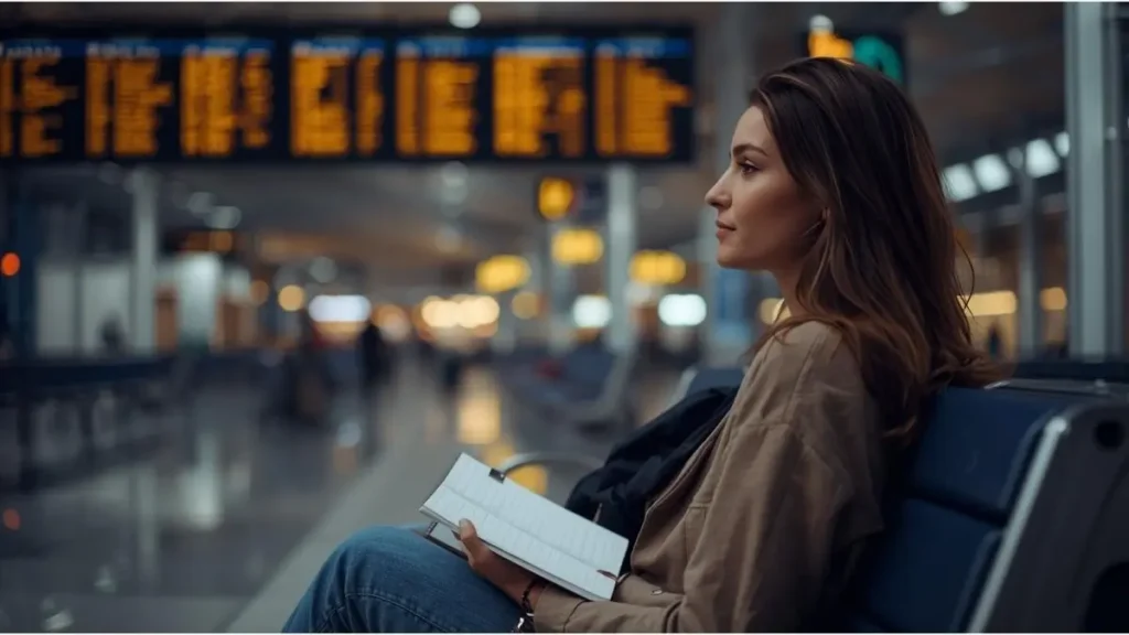 Mulher sentada em banco de aeroporto com caderno aberto, observando painel de partidas ao amanhecer