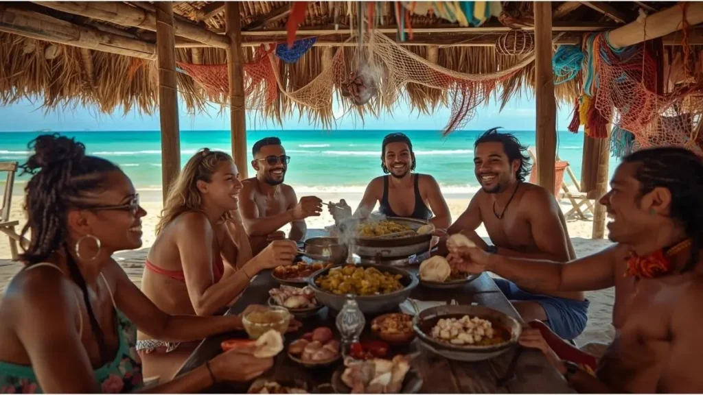 Grupo de amigos dividindo moqueca em barraca de praia com vista para o mar