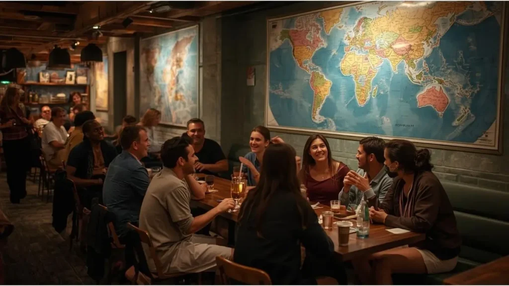 Viajantes conversando em área comum de hostel com mapa na parede