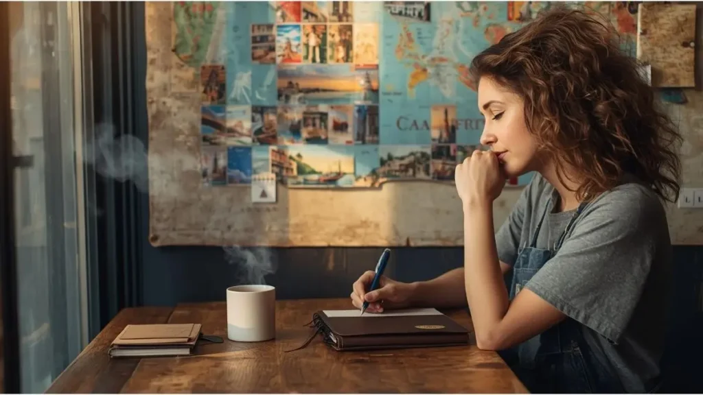 Mulher escrevendo em caderno com xícara de café, olhando para calendário de viagem na parede