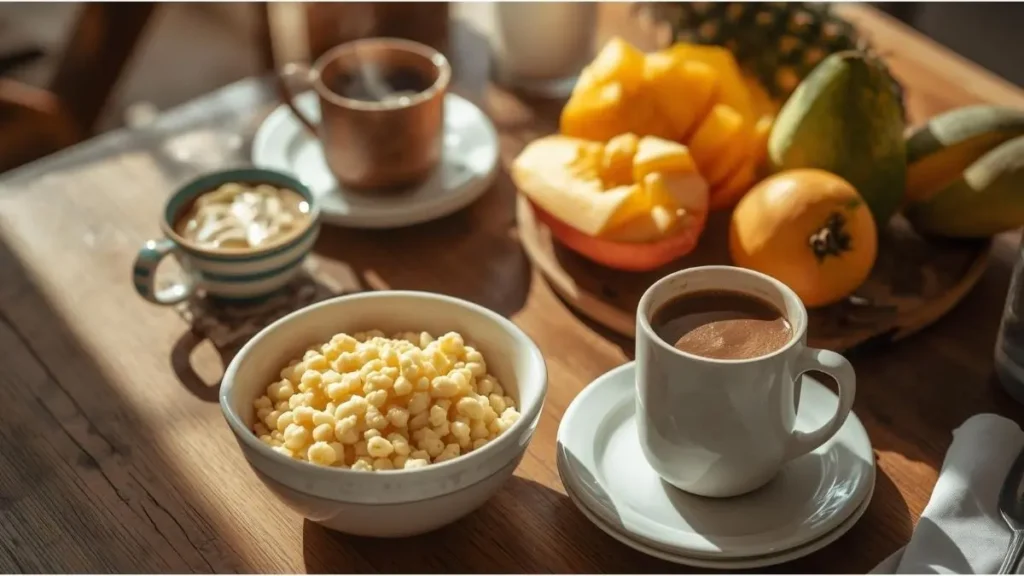 Mesa de café da manhã simples em pousada em Salvador com cuscuz, café coado e frutas