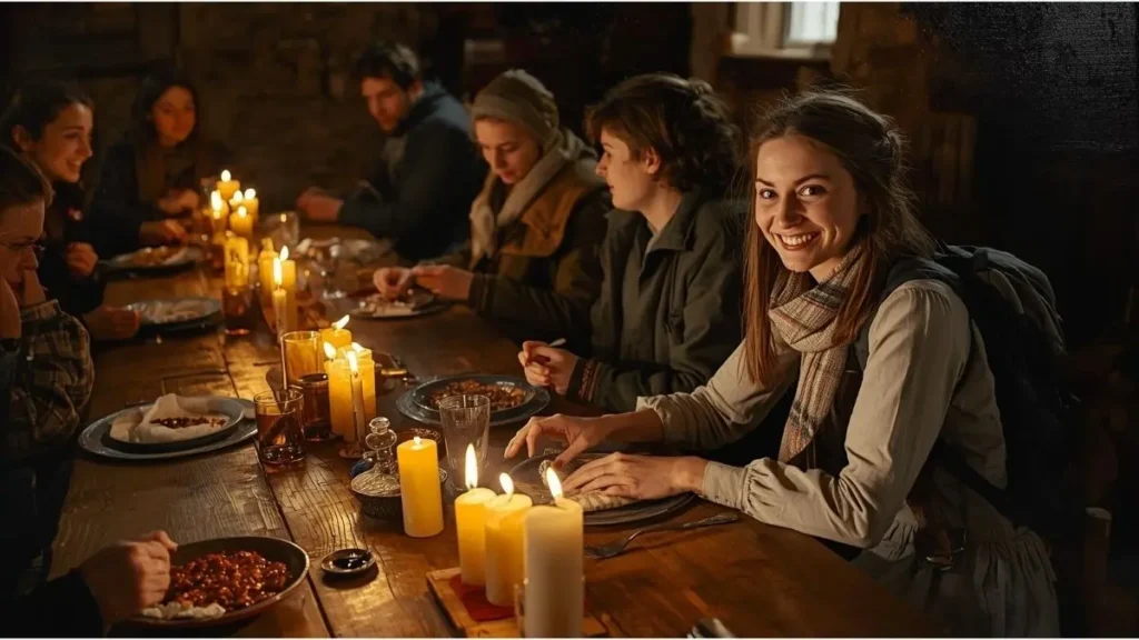 Viajante participando de ceia comunitária em pousada simples, com velas acesas