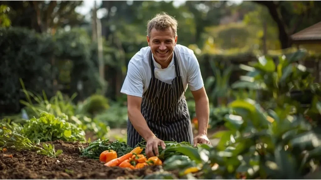 Chef brasileiro colhendo ingredientes nativos em horta comunitária no interior de São Paulo