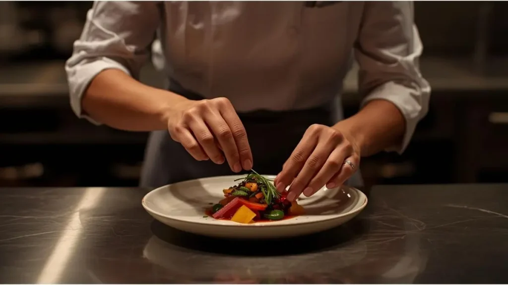 Chef brasileira preparando prato com ingredientes nativos em cozinha contemporânea