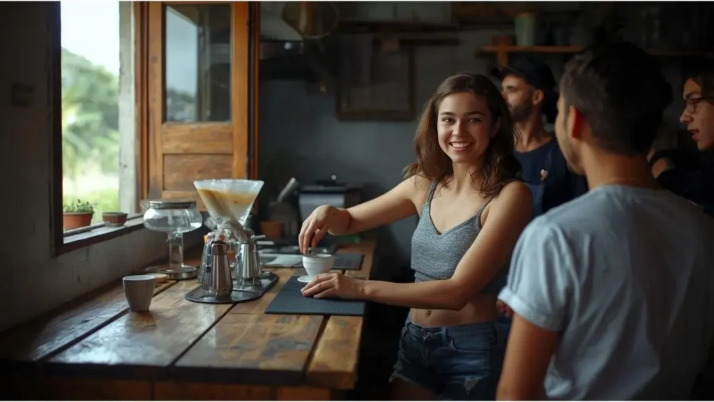 Viajante preparando café em cozinha compartilhada com outros hóspedes