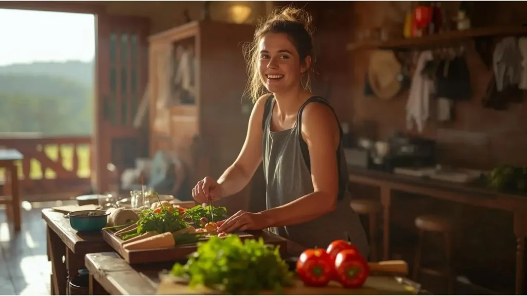 Mesa de madeira com ingredientes frescos de feira em cozinha simples de pousada