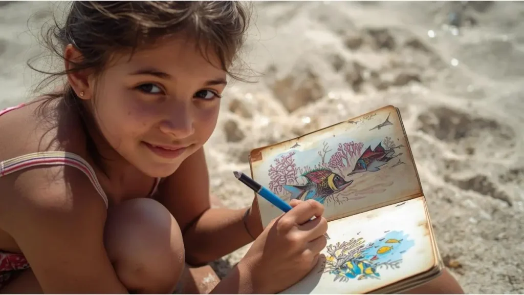 Criança desenhando peixes em caderno após flutuação em Bonito