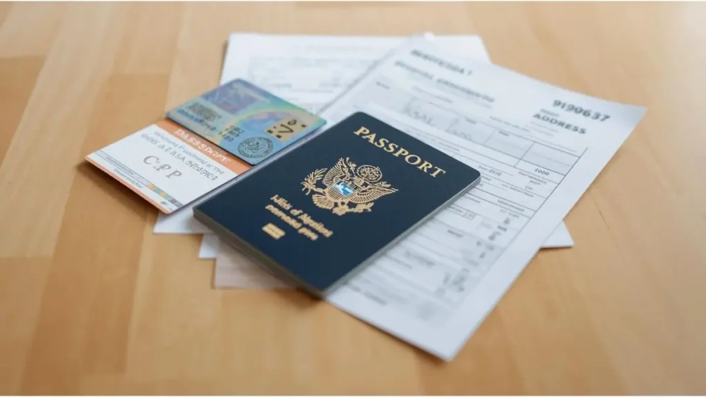 Documentos organizados para renovação de passaporte: RG, CPF, comprovantes