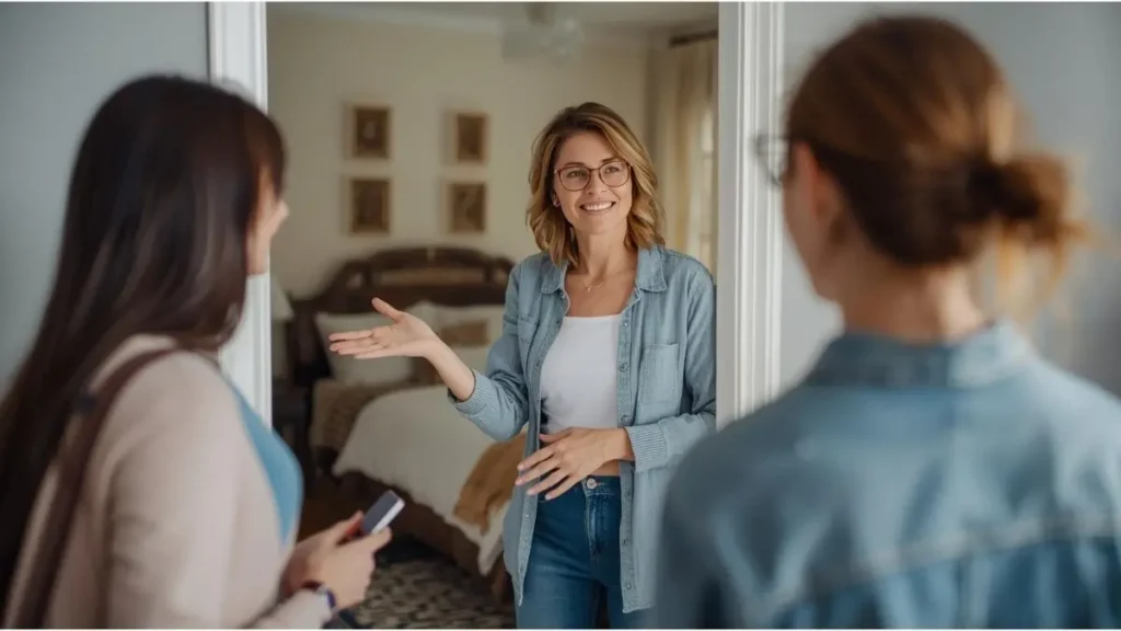 Dona de pousada mostrando quarto a viajante com gesto acolhedor