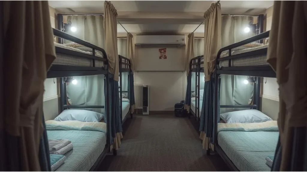 Dormitório feminino em hostel com cortinas individuais e camas organizadas