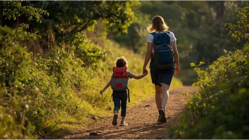 Criança segurando a mão de adulto em trilha de Bonito, julho de 2025