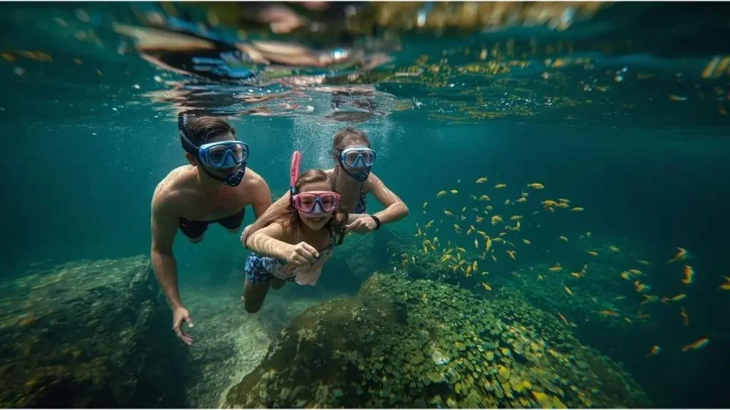 Família observando peixes durante flutuação em Bonito, Mato Grosso do Sul