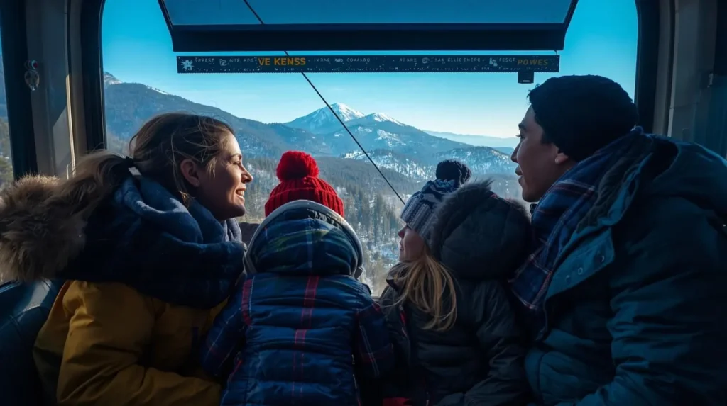 Família em teleférico de Gramado com roupas de inverno, Rio Grande do Sul