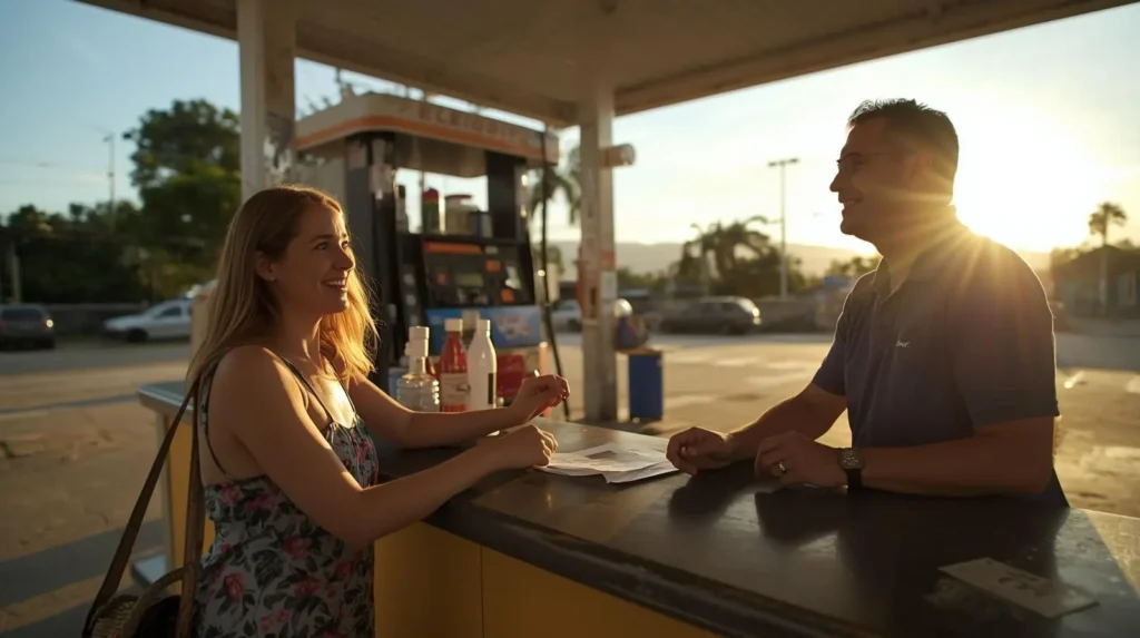 Viajante conversando com frentista em posto de gasolina rural