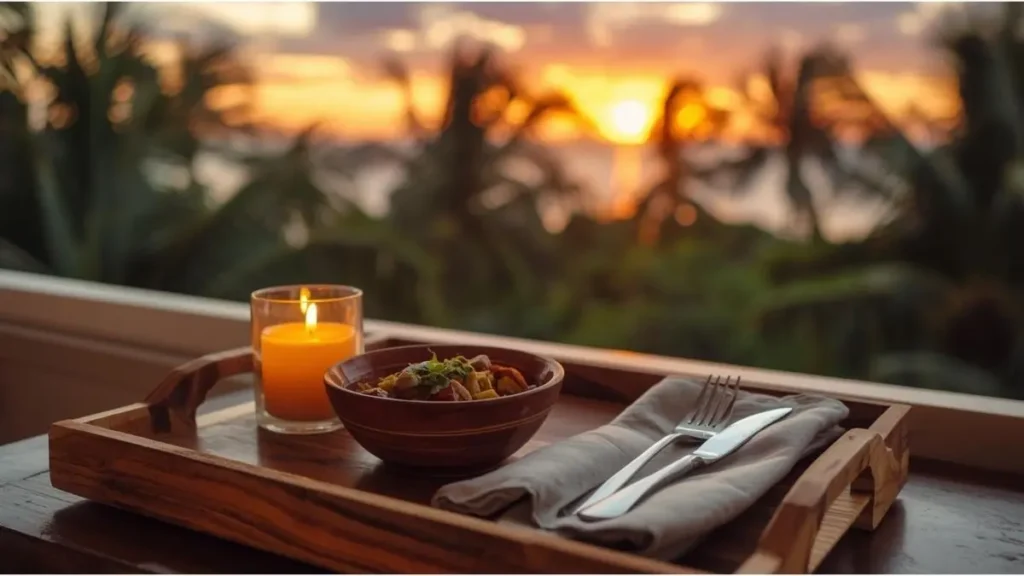 Jantar simples em varanda com vista para o mar, prato caseiro e vela acesa