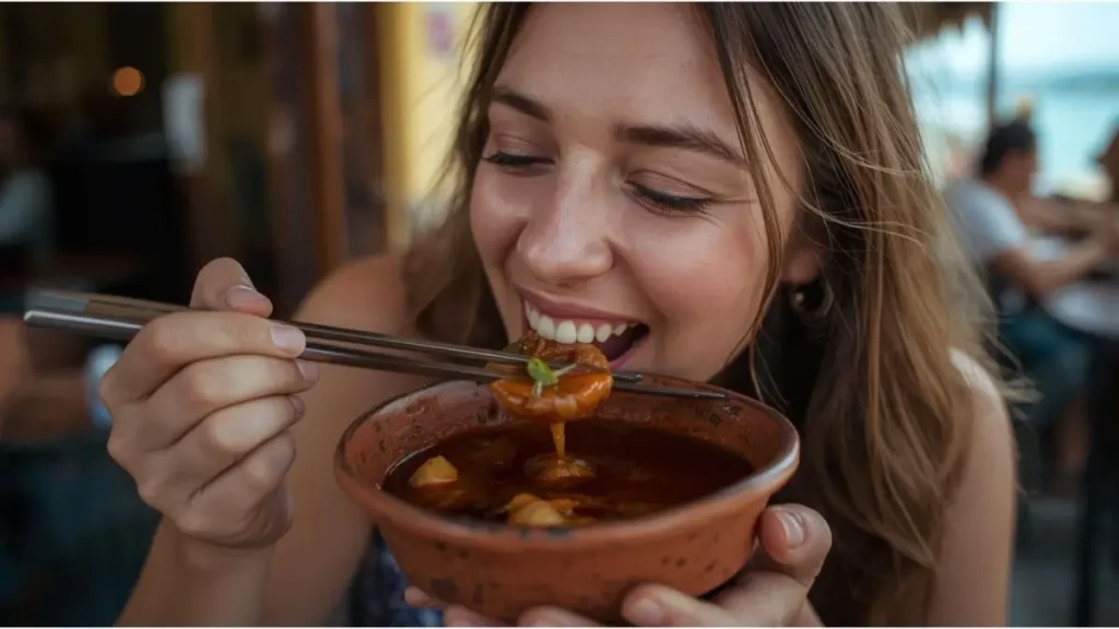 Viajante provando caldo de sururu em tigela de barro em João Pessoa, Paraíba