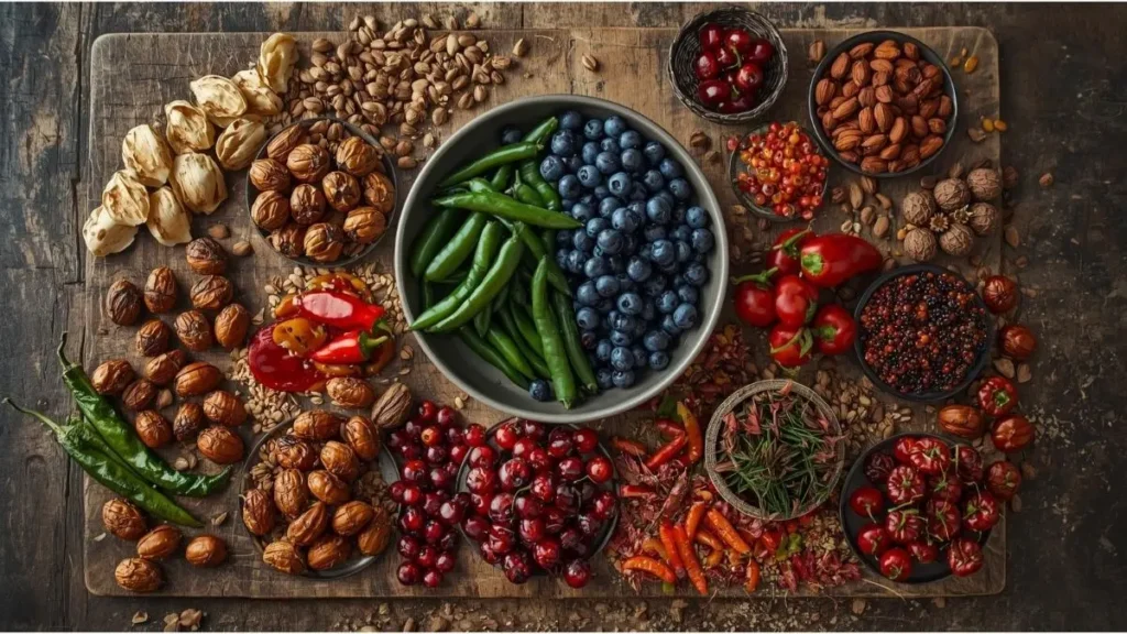 Mesa de chef com ingredientes nativos brasileiros organizados por região bioma Mesa de chef com ingredientes nativos brasileiros organizados por região bioma