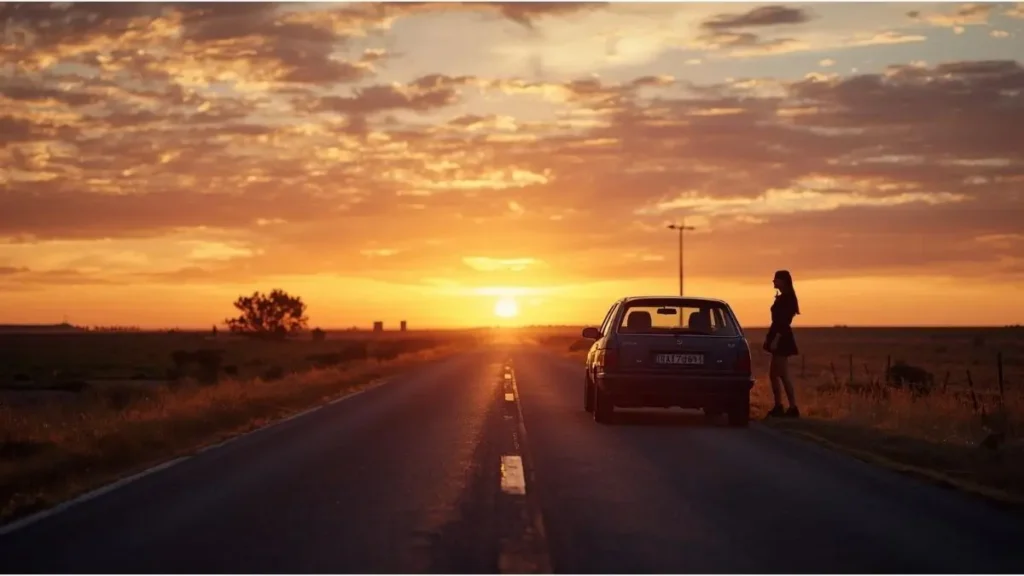 Pôr do sol em estrada vazia com carro estacionado e silhueta de viajante observando o horizonte