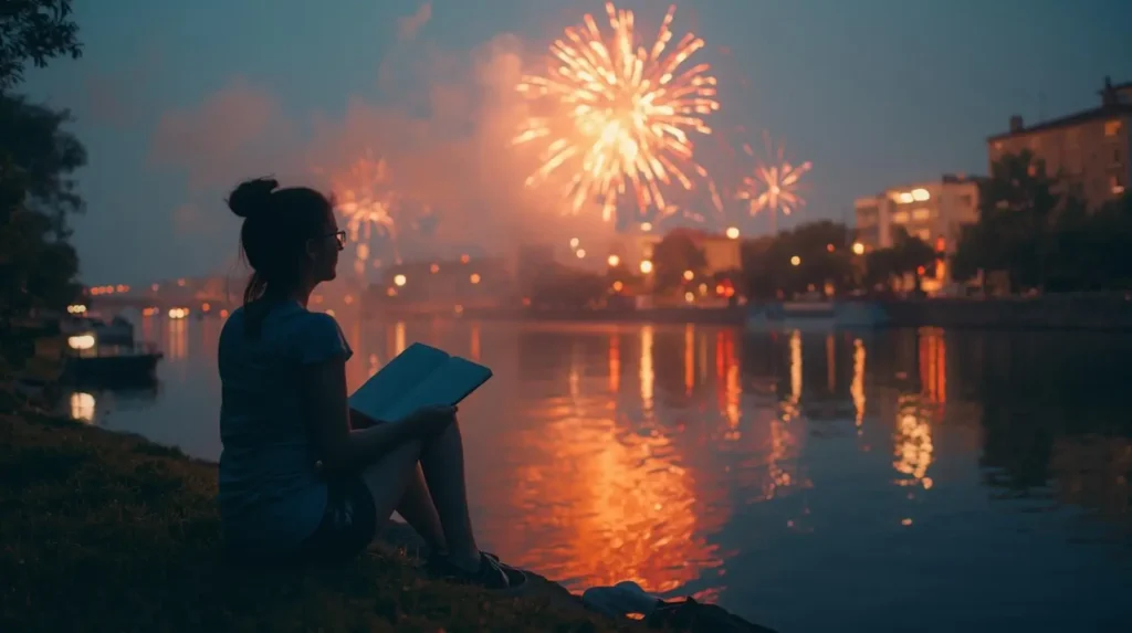 Mulher sentada à beira de rio ao amanhecer, com caderno aberto no colo