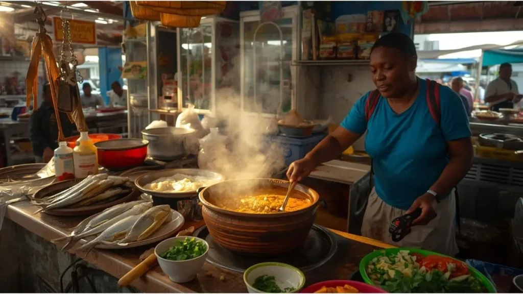 Peixe fresco sendo preparado em cozinha comunitária de mercado em Salvador, Bahia