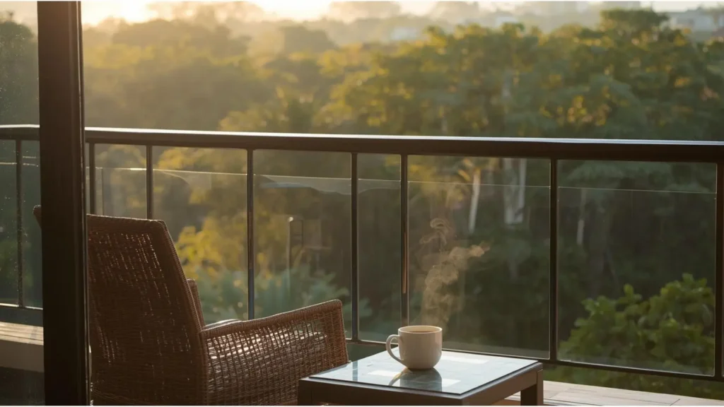 Varanda simples com cadeira de vime, xícara de café e vista para árvores ao amanhecer