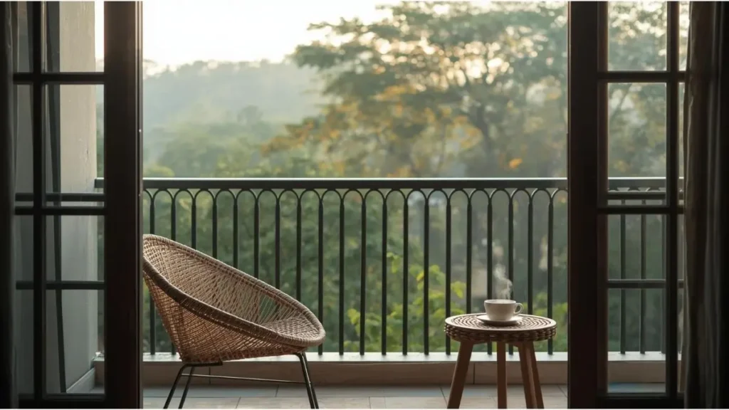Varanda simples com cadeira de vime, xícara de café e vista para árvores ao amanhecer