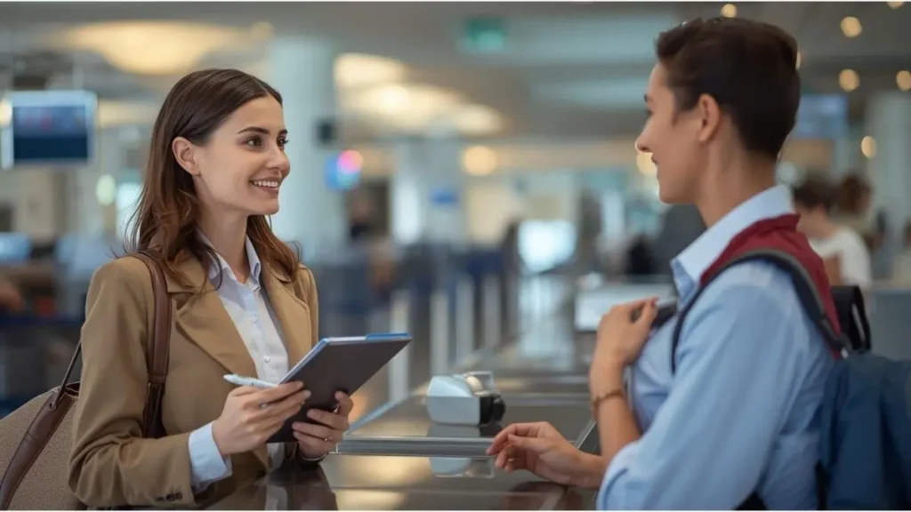 Viajante conversando com atendente de companhia aérea com gesto calmo e caderno na mão