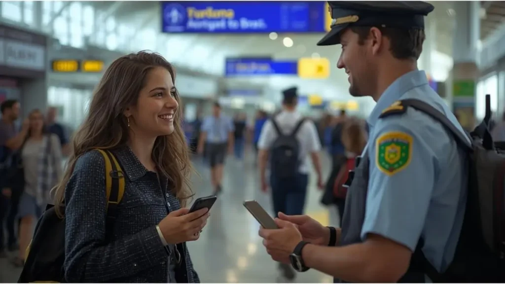 Viajante conversando com funcionário de aeroporto com gesto calmo e mapa na mão