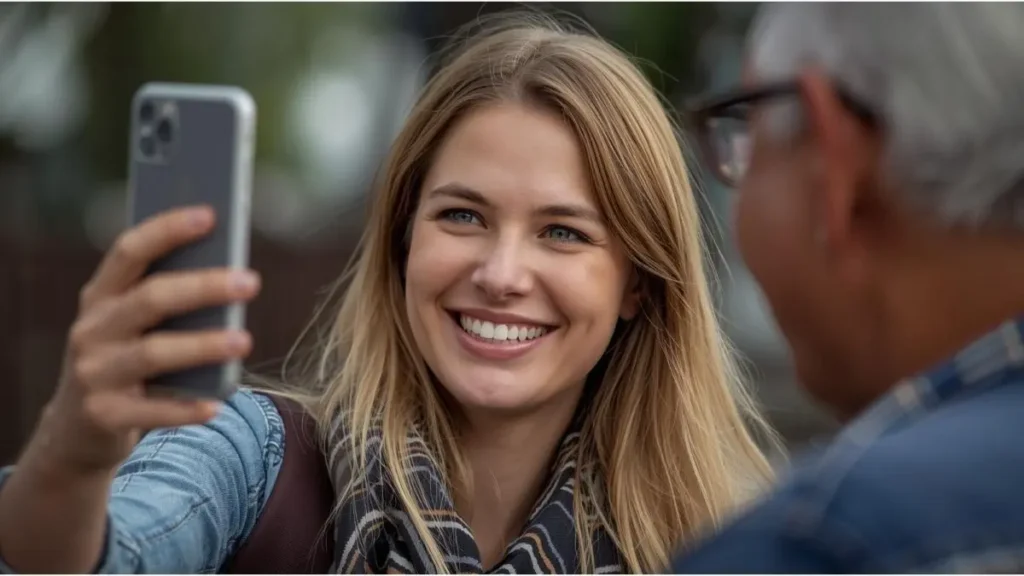 Viajante mostrando foto no celular para morador local, ambos sorrindo