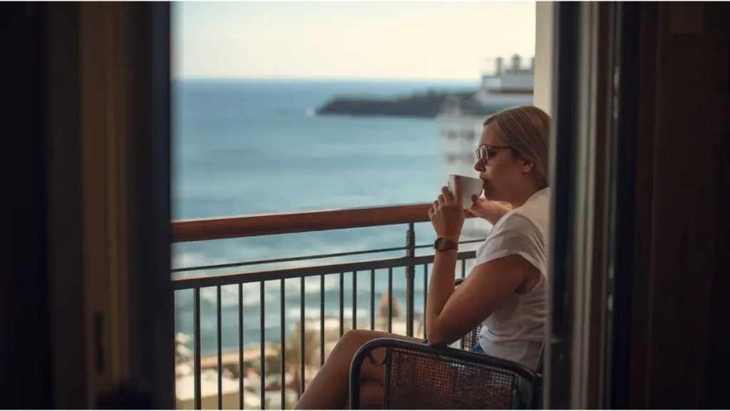 Viajante sozinha tomando café em varanda com vista para o mar em Fortaleza, Ceará