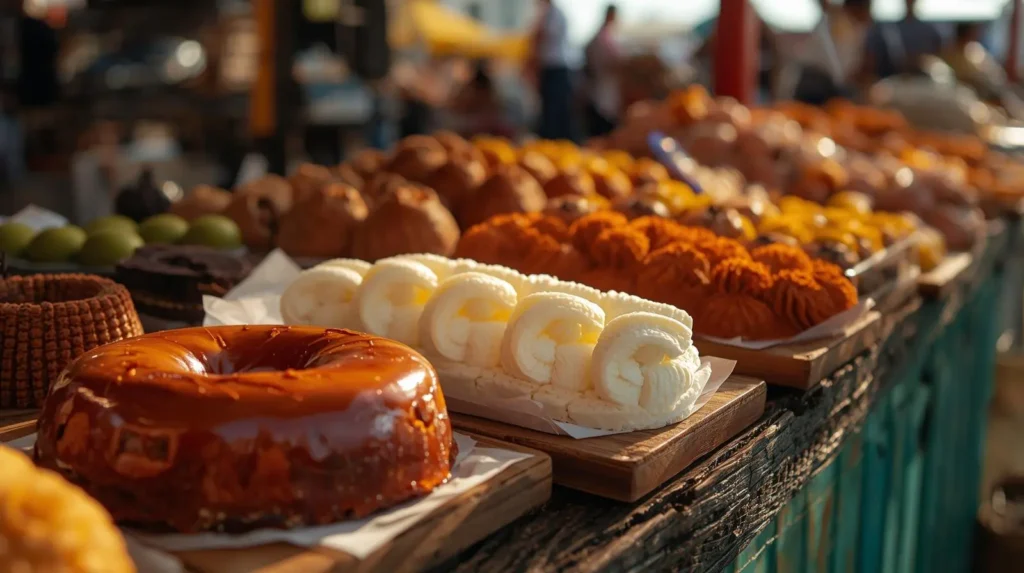 Sobremesas nordestinas autênticas em 2026: cartola, cocada, bolo de rolo e doces típicos em feira popular do Nordeste