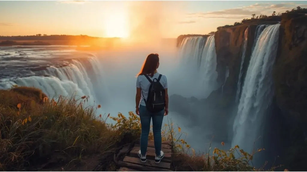 Mulher observando as Cataratas do Iguaçu do lado brasileiro ao pôr do sol, janeiro de 2026