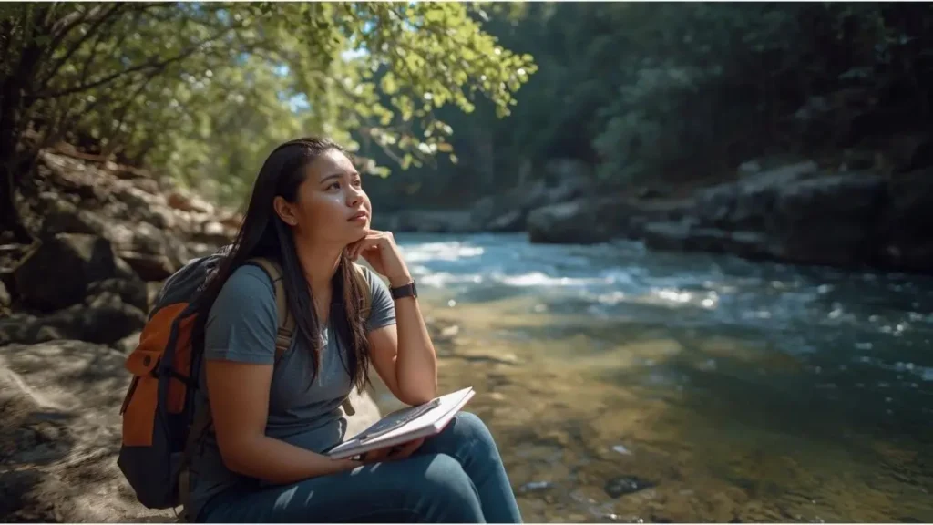 Viajante conversando com dona de pousada em varanda simples, com xícaras de café