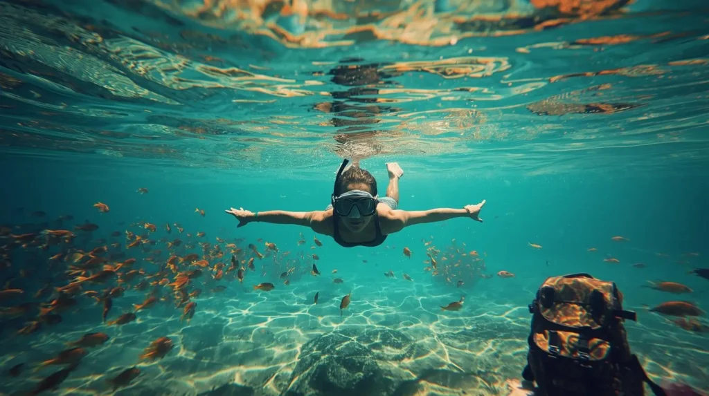 Viajante sozinha flutuando no Rio da Prata com peixes coloridos ao redor