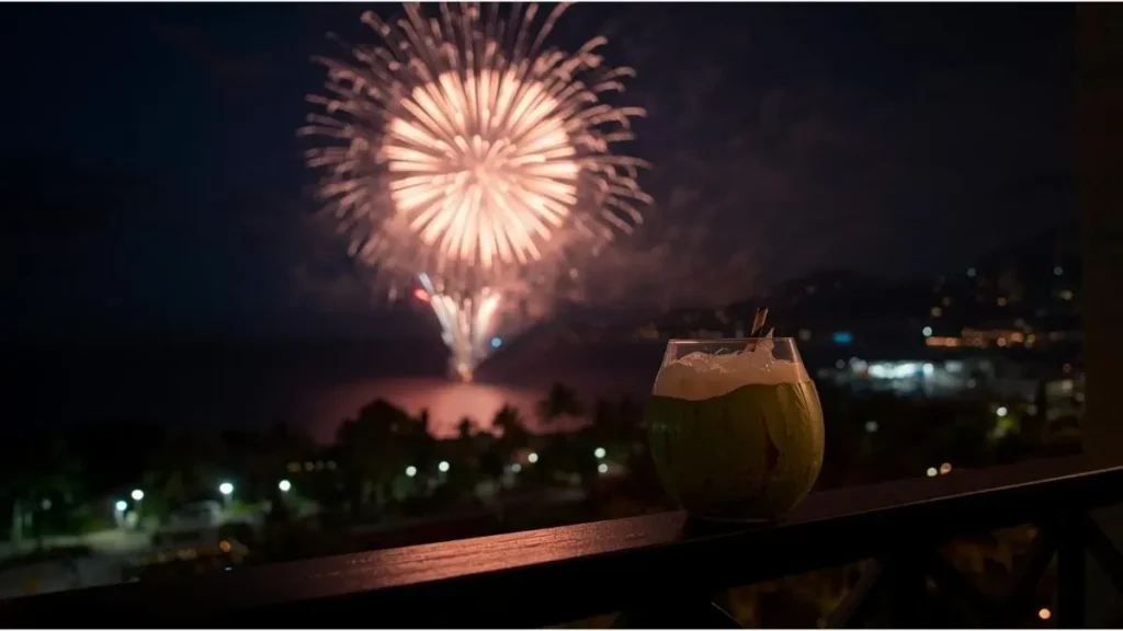 Varanda de hotel com vista para os fogos e copo de água de coco, Porto Seguro 2026